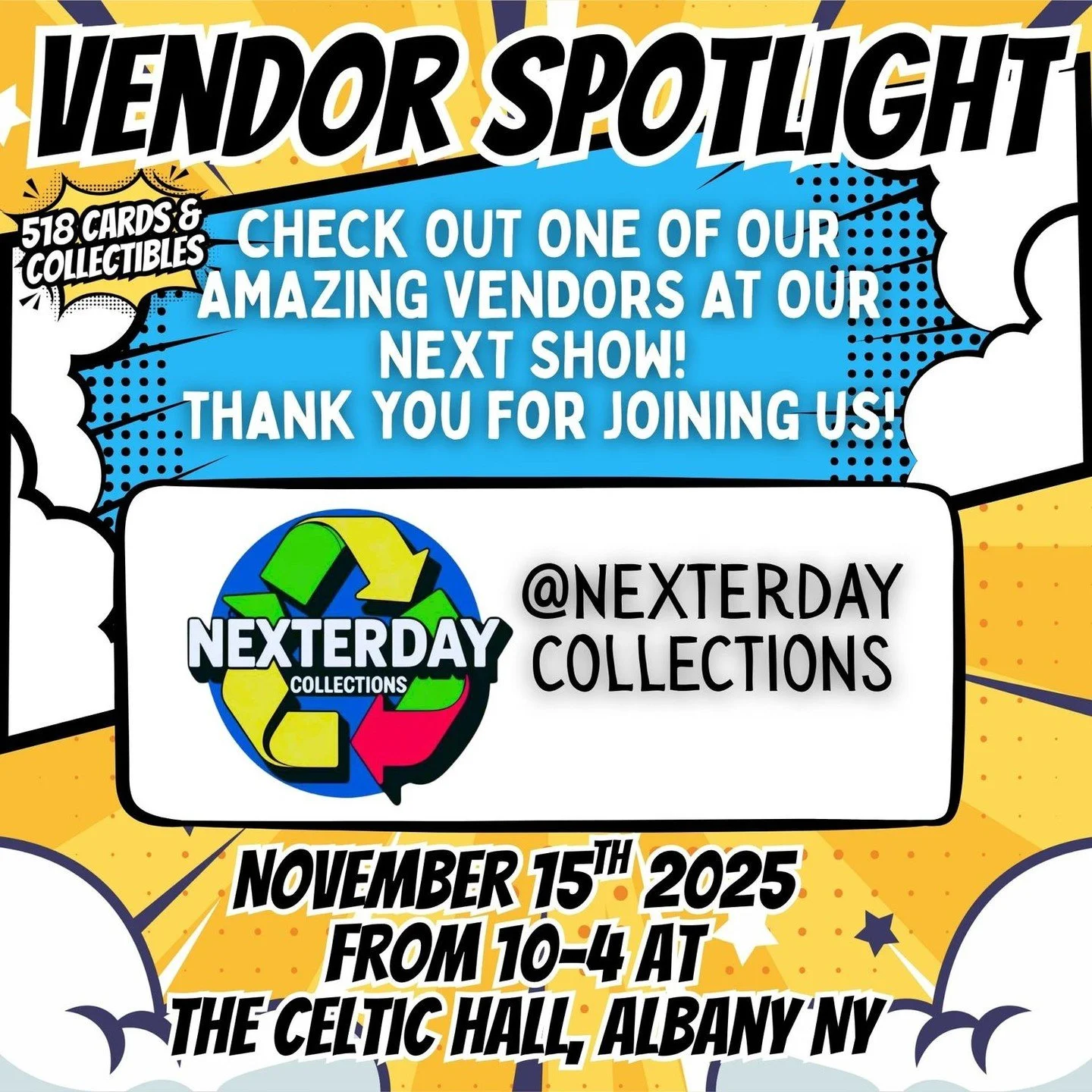 🏆 Vendor Spotlight: Nexterday Collections 🏆
We&rsquo;re excited to welcome Nexterday Collections to their first 518 Cards &amp; Collectibles Show!

They specialize in sports cards &mdash; from classic legends to today&rsquo;s top stars &mdash; with