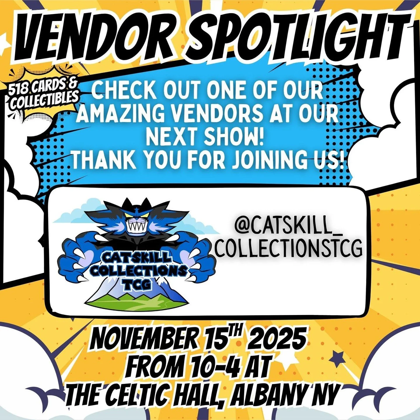 🔥 Vendor Spotlight: Catskill Collections TCG 🔥
We&rsquo;re excited to welcome Catskill Collections TCG back to the 518 Cards &amp; Collectibles Show!

They&rsquo;re bringing a great mix of Pok&eacute;mon cards, sports cards, and other collectible f
