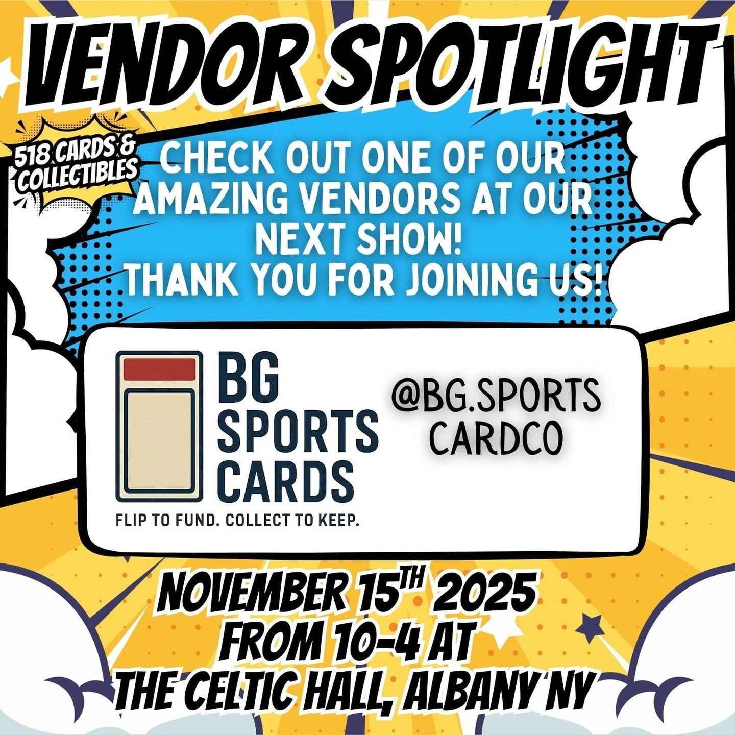 🏈 Vendor Spotlight: BG Sports Cards 🏀
We&rsquo;re excited to welcome BG Sports Cards to the 518 Cards &amp; Collectibles Show!

They&rsquo;re all about the world of sports cards &mdash; bringing an incredible selection for every kind of collector. 