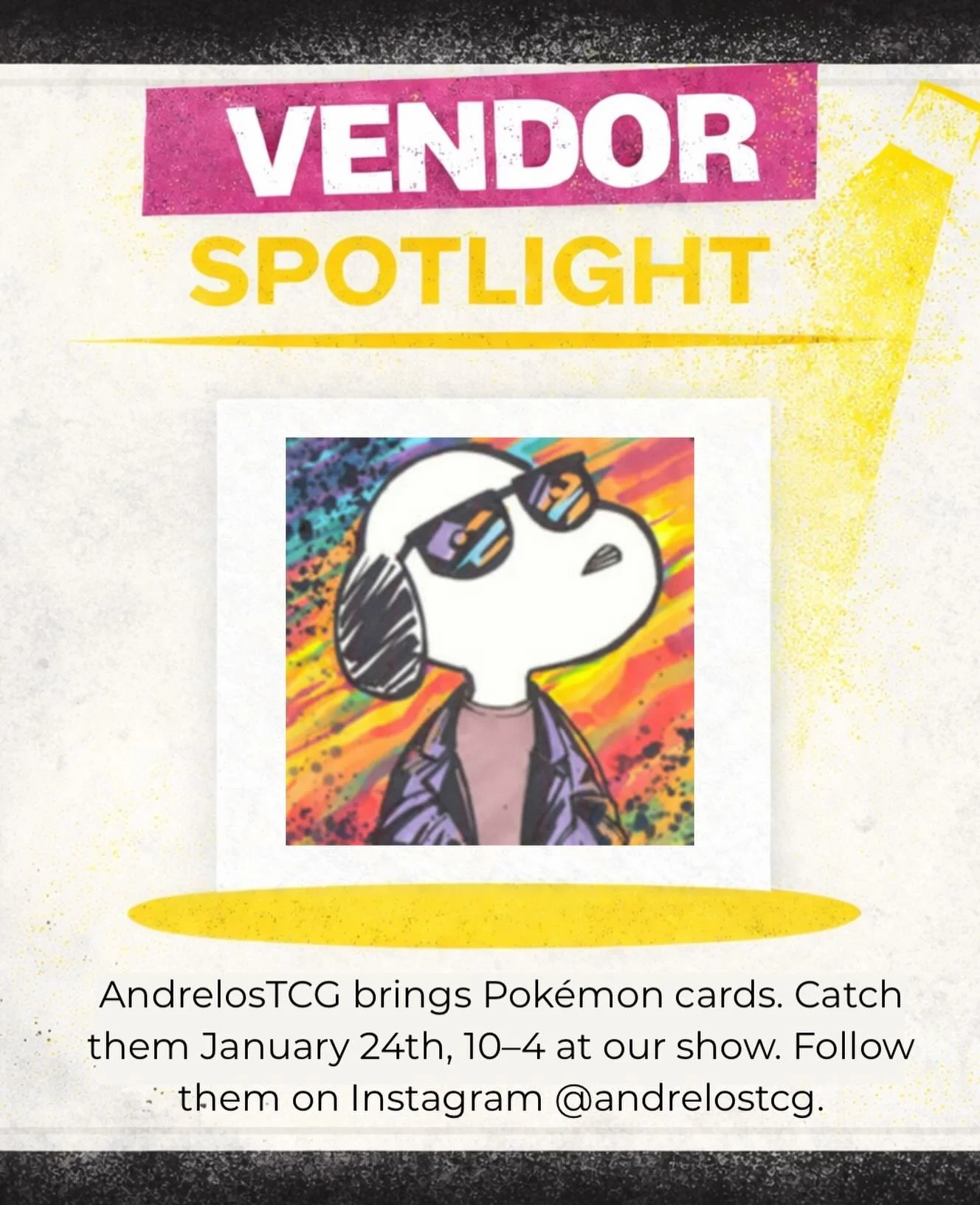 Vendor spotlight: AndrelosTCG 🔥
Pok&eacute;mon cards, clean pulls, and great vibes. Catch them January 24th from 10&ndash;4 at our show and give them a follow on Instagram @andrelostcg