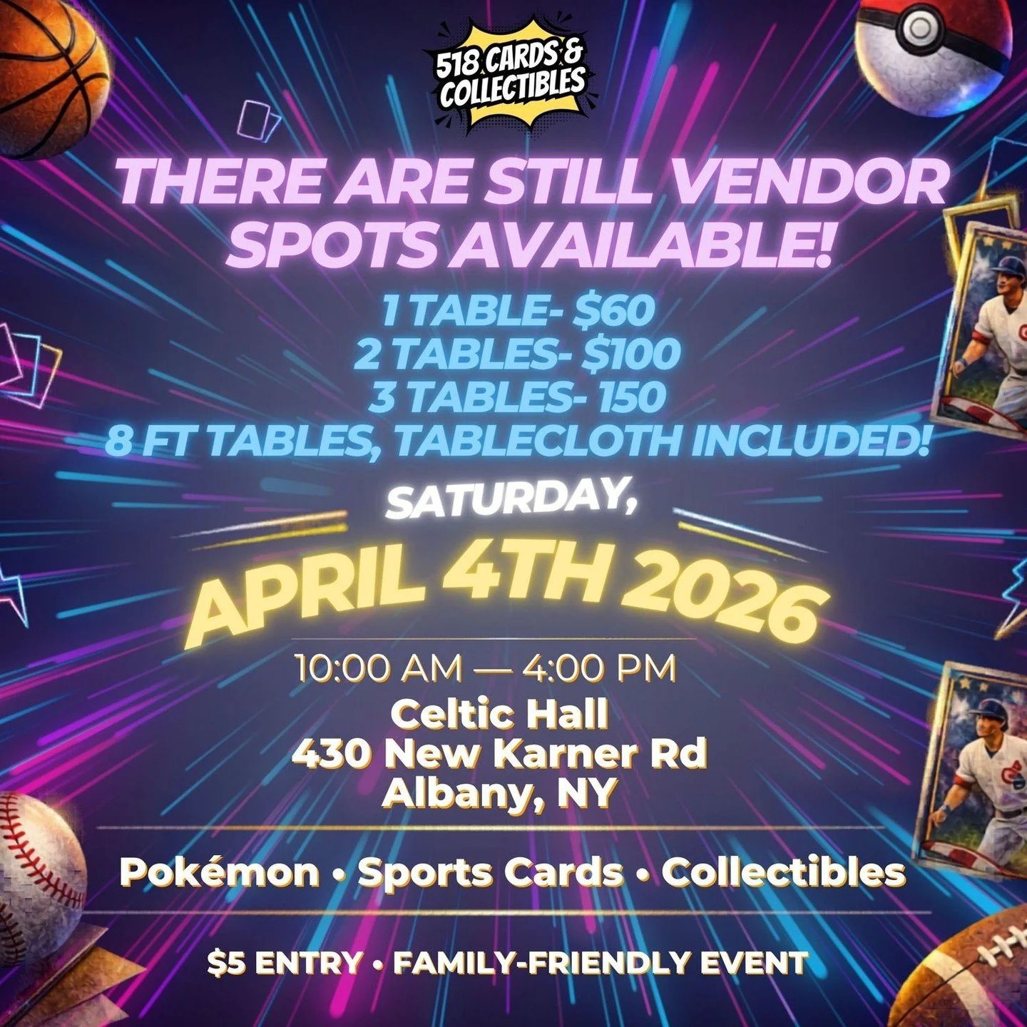 Vendor spots are still available 👀

Our last show filled up FAST, and we&rsquo;re expecting the same for April 4th 🔥

Lock in your table now before we sell out

🗓️ April 4th, 2026
📍 Celtic Hall &bull; Albany, NY

Vendor pricing:
&bull; 1 table &n
