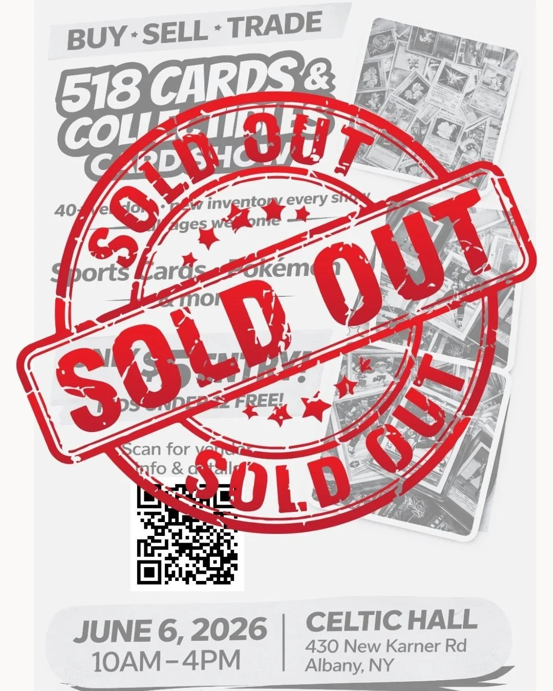 🚨 SOLD OUT 🚨

Our vendor tables are officially SOLD OUT for this weekend's show! Thank you to all of the amazing vendors for the incredible support.

We can't wait to see everyone this weekend for a day full of sports cards, Pok&eacute;mon, collect