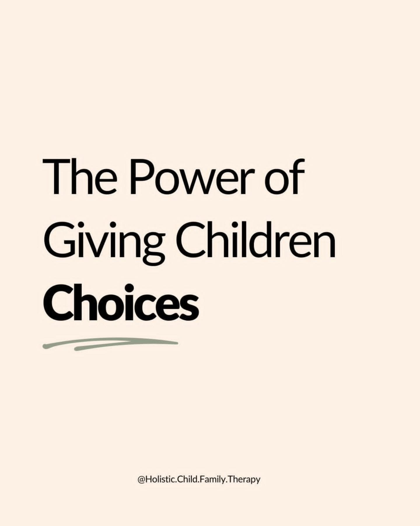 Giving choices restores agency.
When we give children choices they feel seen and respected. 
Choice turns control into collaboration and that&rsquo;s where real growth begins 🙌 

#childtherapy #familytherapy #parentandchildtherapy #playtherapy #pare