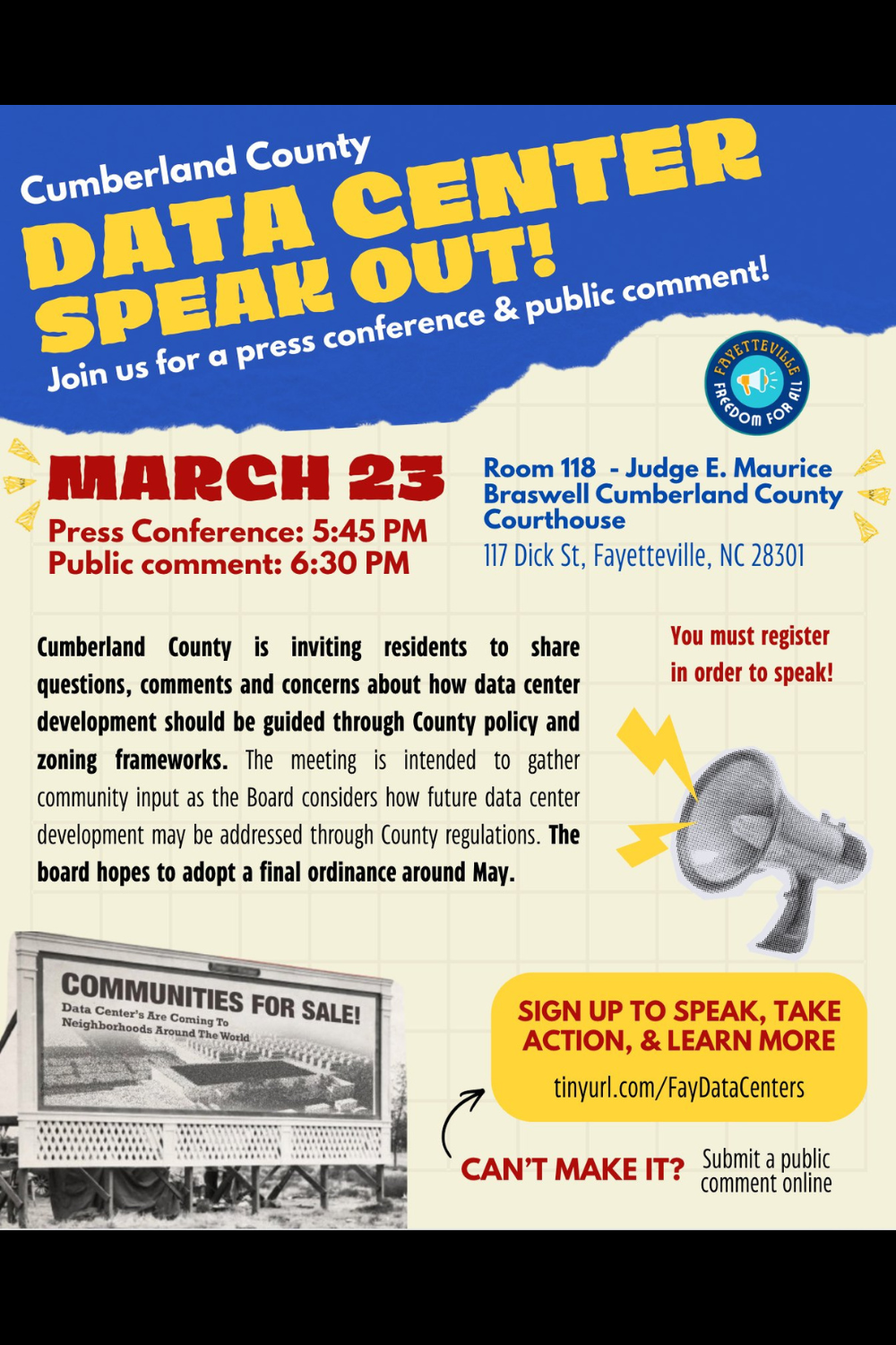 data center SPEAK OUT! - hosted by fayetteville freedom for all