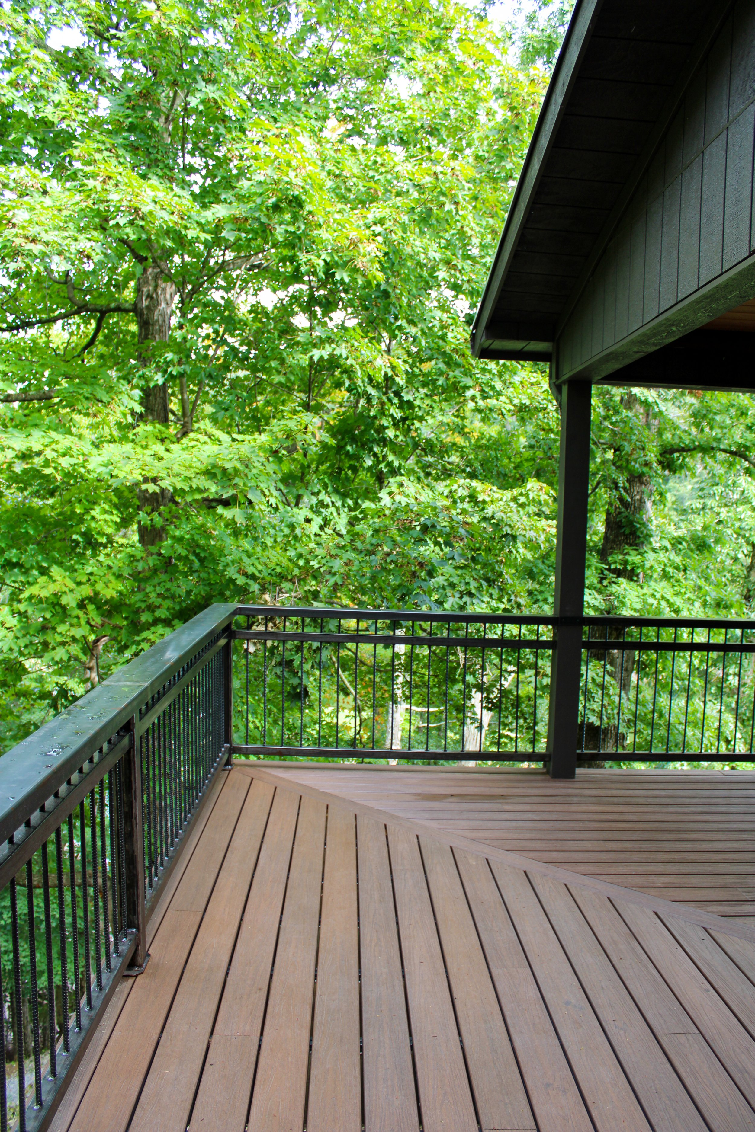 Wooden deck with black metal railing, extending from a house with dark siding, surrounded by green trees with dense foliage.
