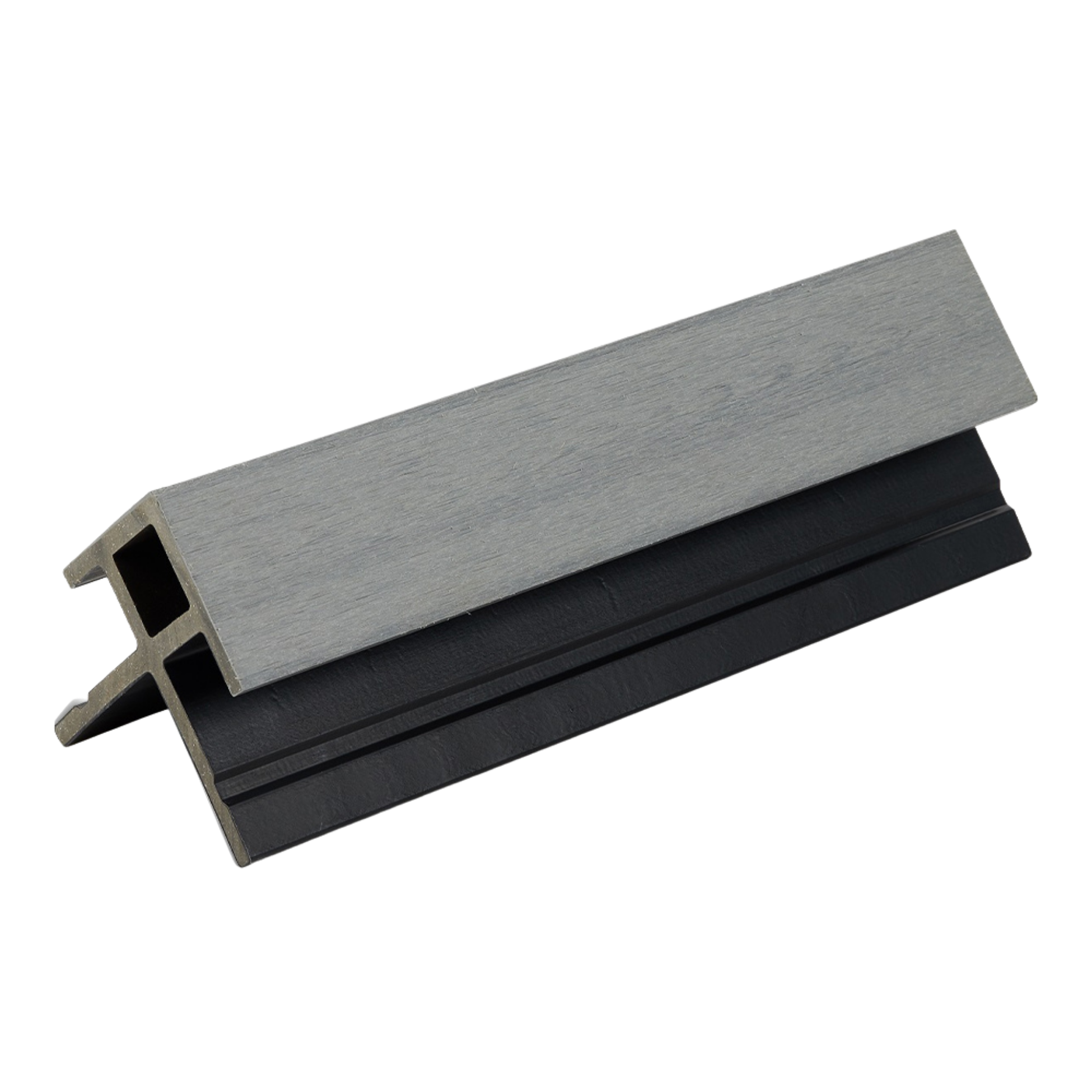 Close-up of a gray metal rectangular tube with hollow interior, black material underneath, on a black background.