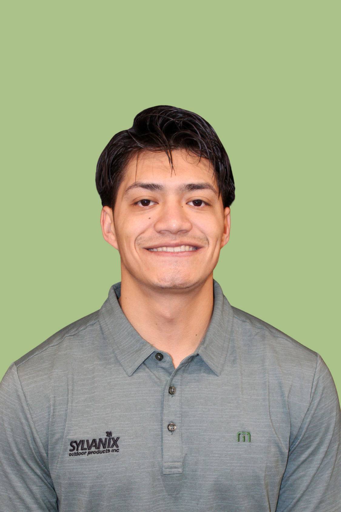 Smiling young man with dark hair wearing a gray polo shirt against a light green background.
