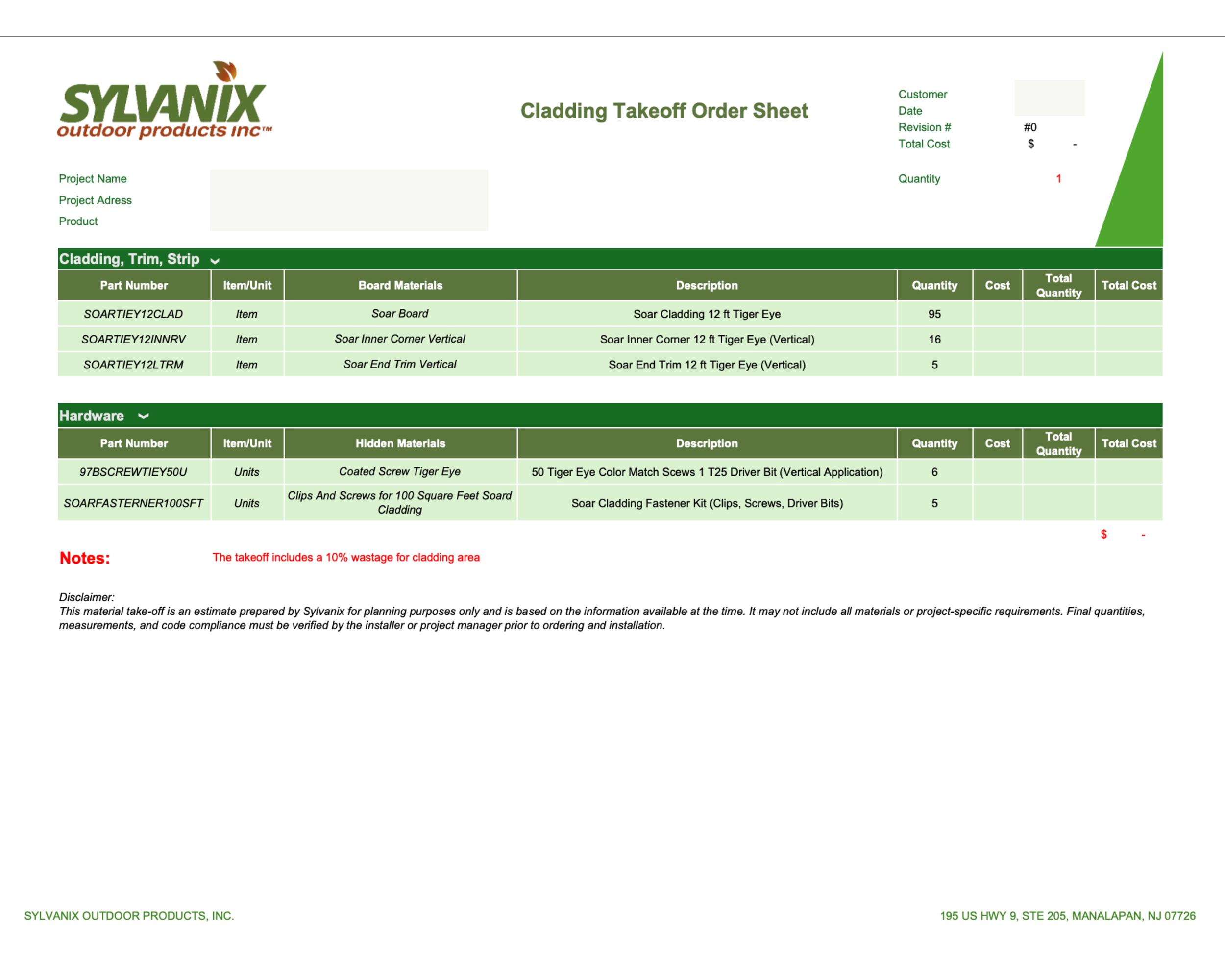 Cladding Takeoff Order Sheet for Sylvanix outdoor products, Inc., featuring project details, material list, quantities, costs, and notes about a 10% waste allowance.
