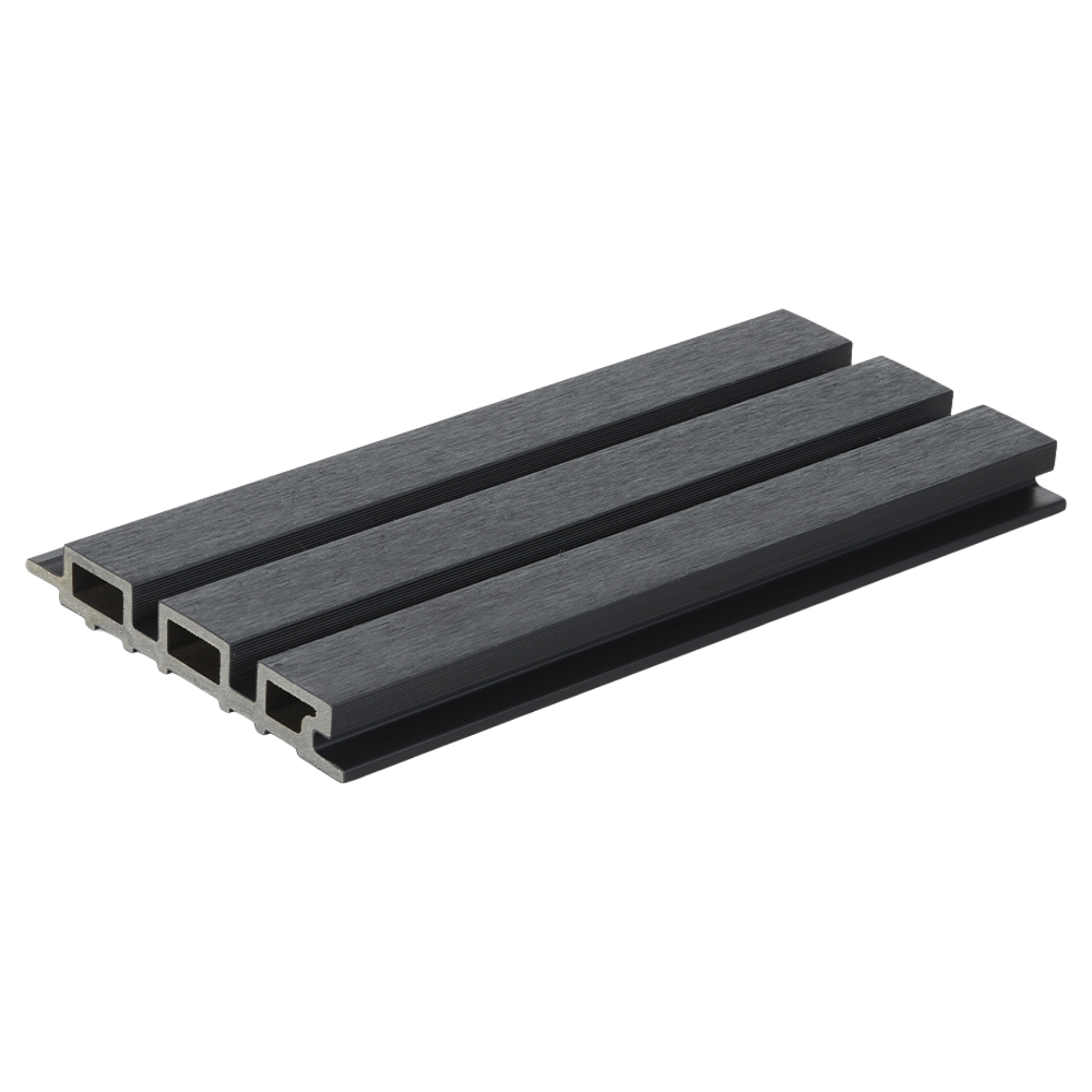 Close-up image of a rectangular aluminum extrusion with a black wooden top surface, designed as a modern flooring or decking panel.