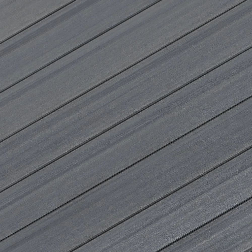 Close-up view of gray wooden planks arranged diagonally.
