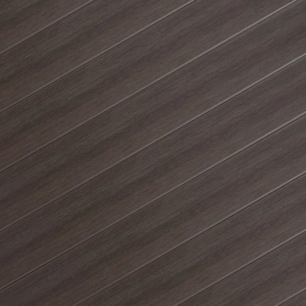 Close-up of a dark brown wooden floor with diagonal planks.