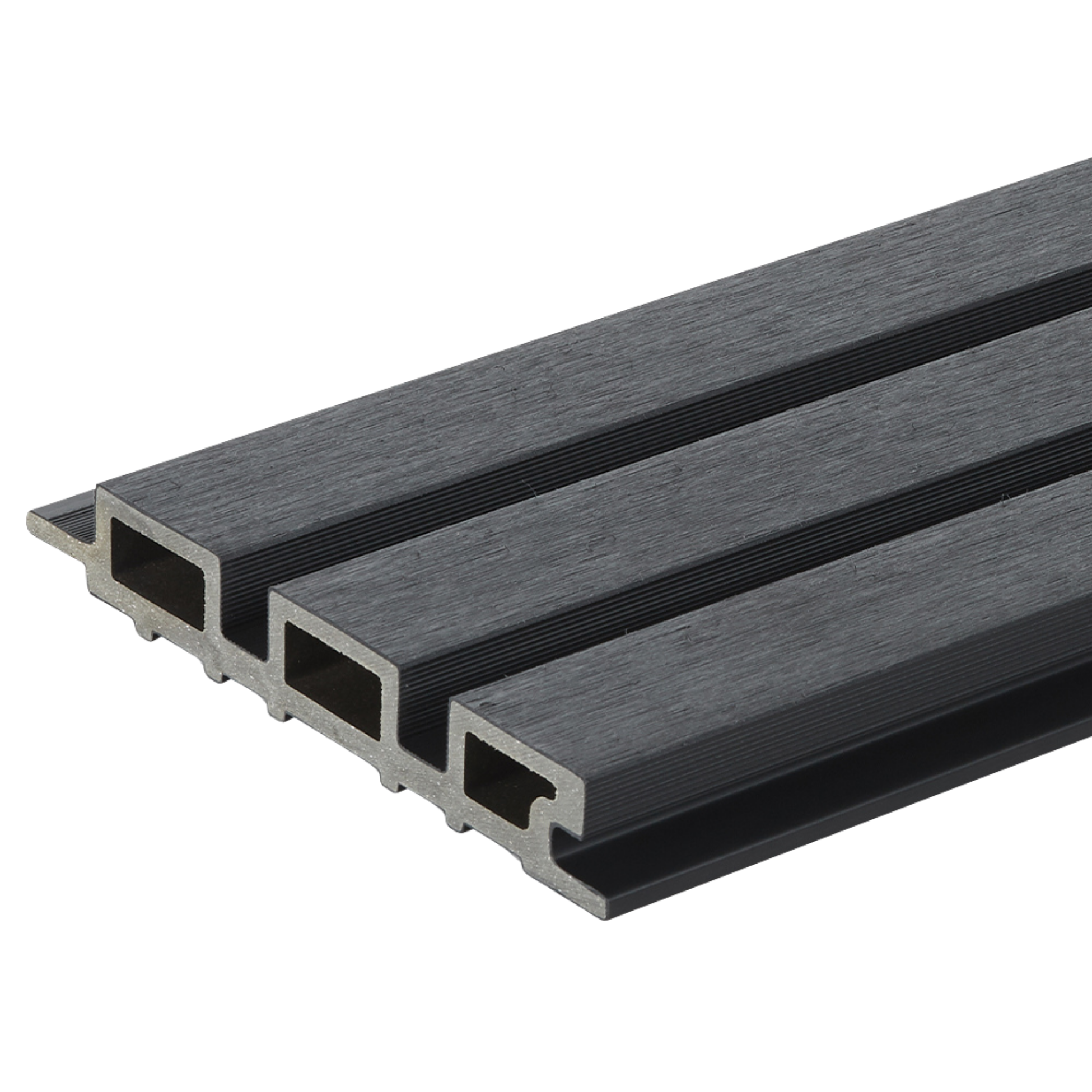 Close-up of gray metal structural beams with grooves, showcasing its layered construction.