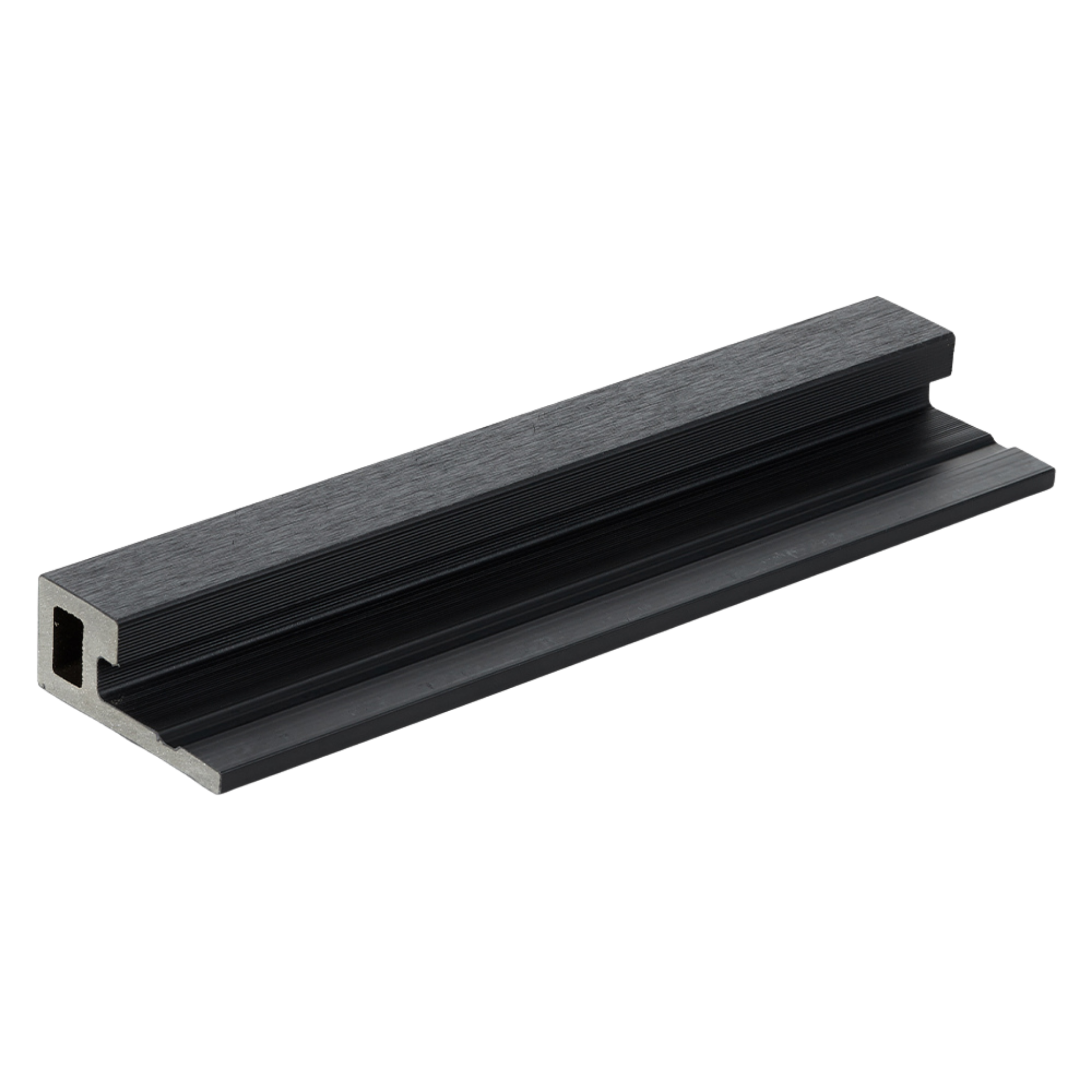 Close-up of a long, rectangular black metal extrusion with a hollow square hole on one end, showing textured and smooth surfaces.
