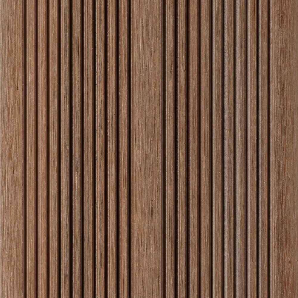 A close-up of a wooden surface with vertical grooved planks.