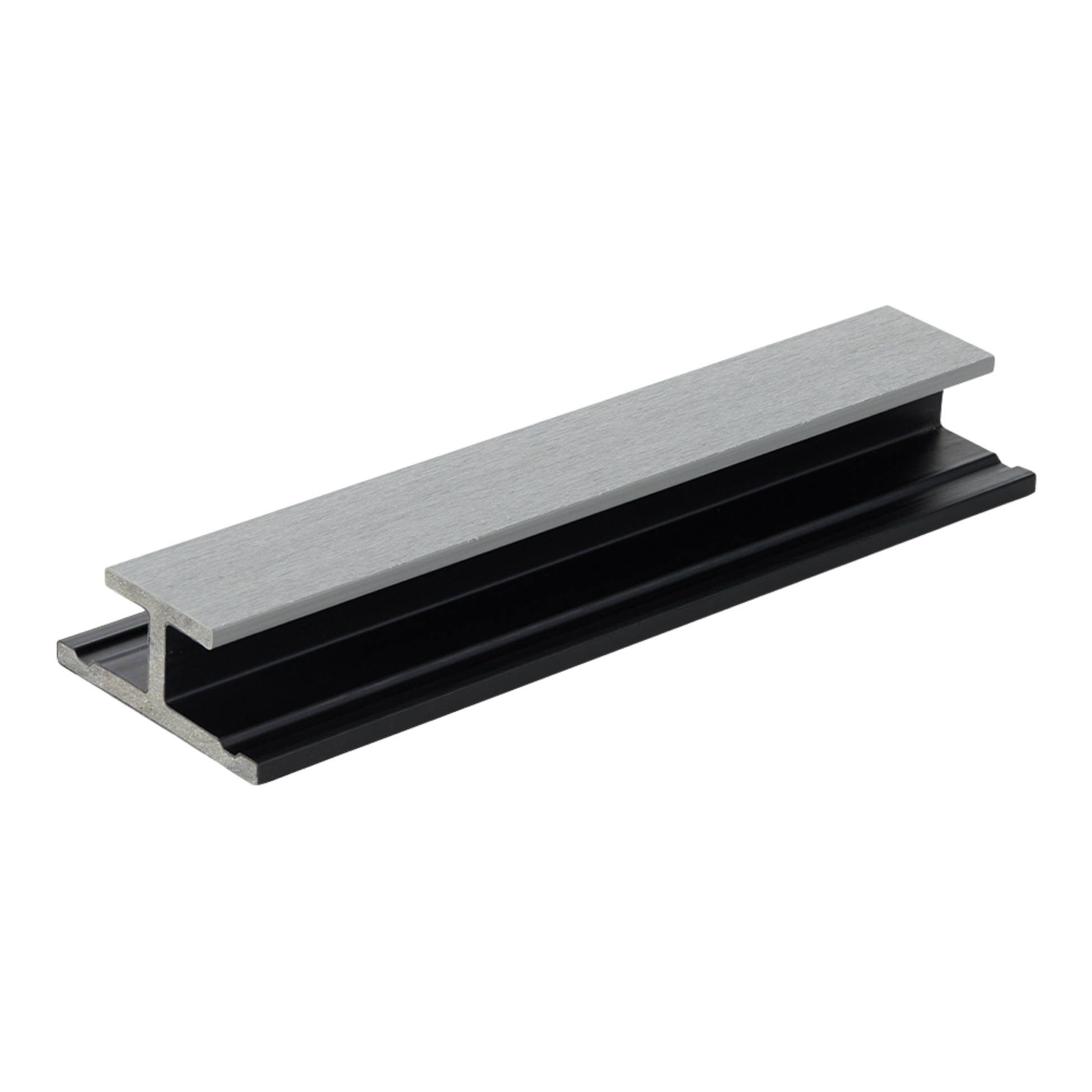 Close-up view of a metal architectural rail with black base and silver top.