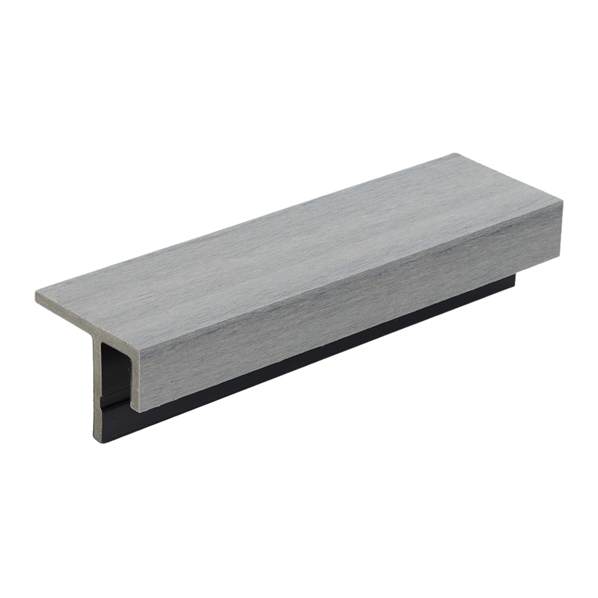 Close-up image of a light gray metal channel with black support bracket on black background.