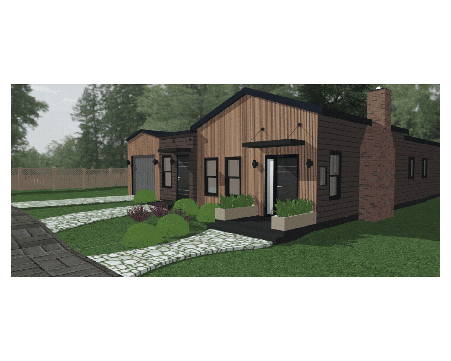 Rendering of a modern, single-story house with dark brown exterior, brick chimney, and front yard with landscaped bushes and stone pathways.