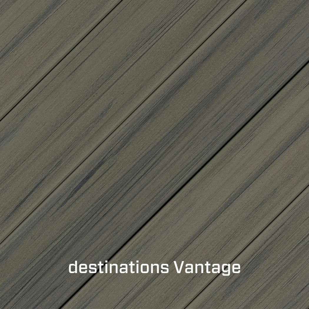 Close-up of gray wooden planks with the text 'destinations Vantage' overlayed.