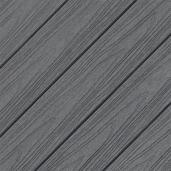 Close-up of gray wooden deck with diagonal planks.