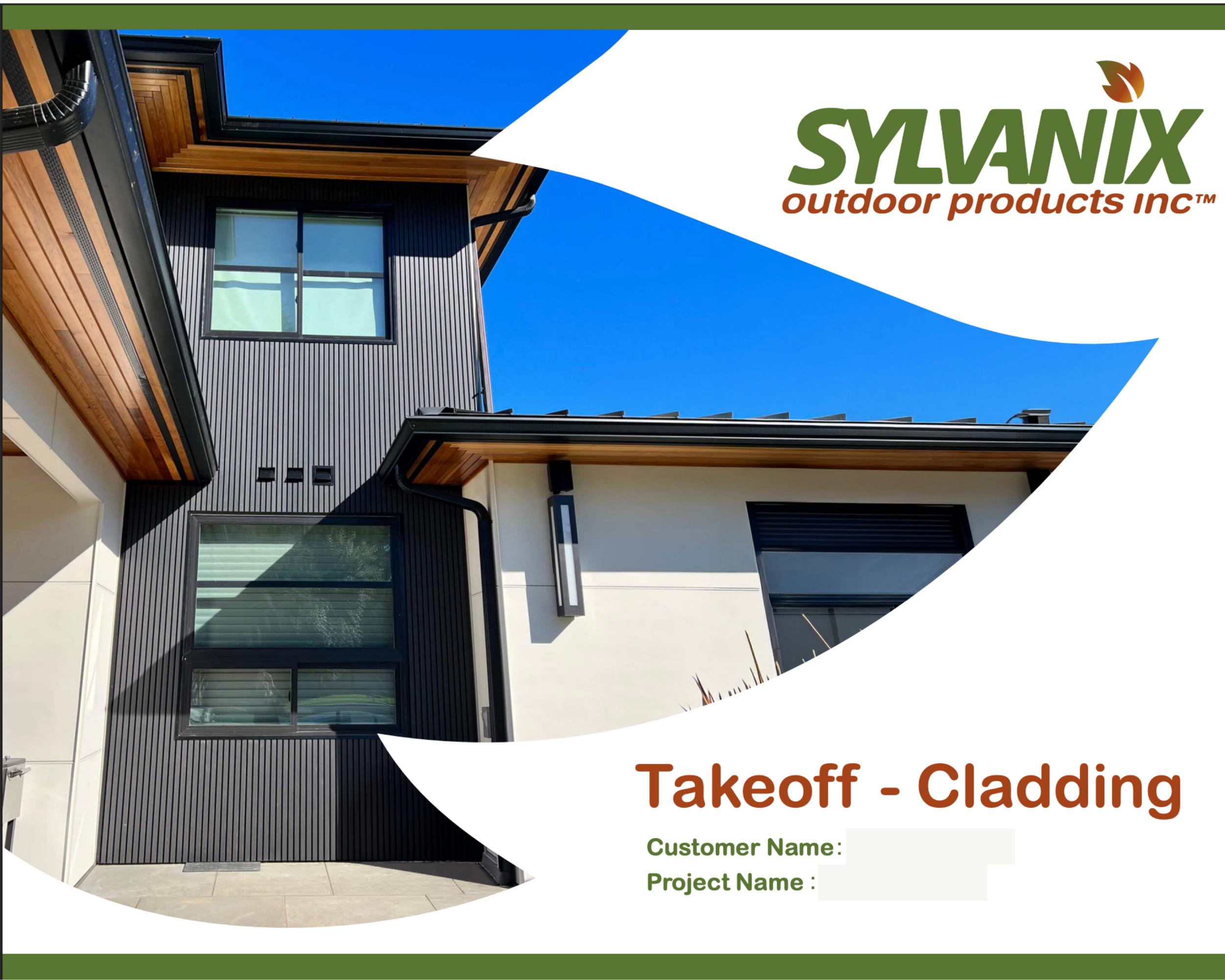 A modern house with dark vertical siding, large windows, and a wooden soffit under a blue sky with clouds, promoting a takeoff cladding project by Sylvanix Outdoor Products Inc.
