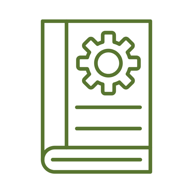 Outline of a book with a gear symbol on the cover
