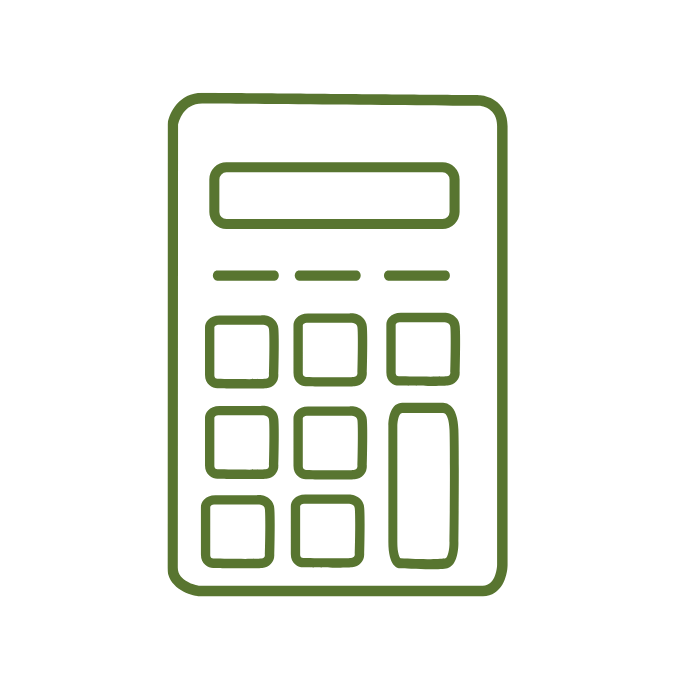 Line drawing of a calculator in green outline on black background.