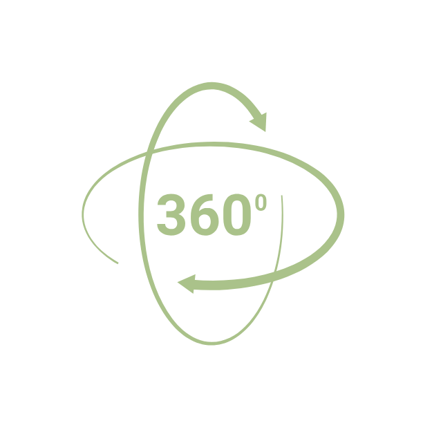 Illustration of a 360-degree rotation with arrows encircling the text '360°' in the center.