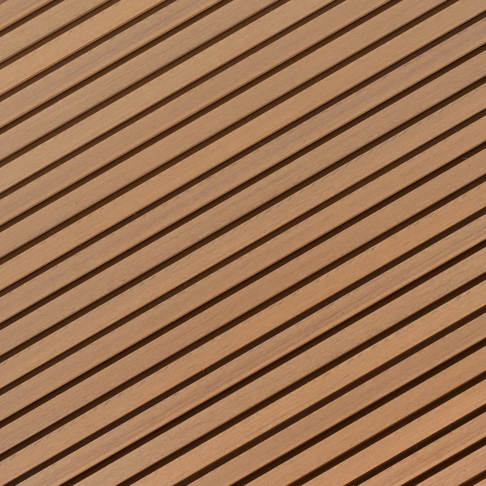 Wooden slats with diagonal grooves.