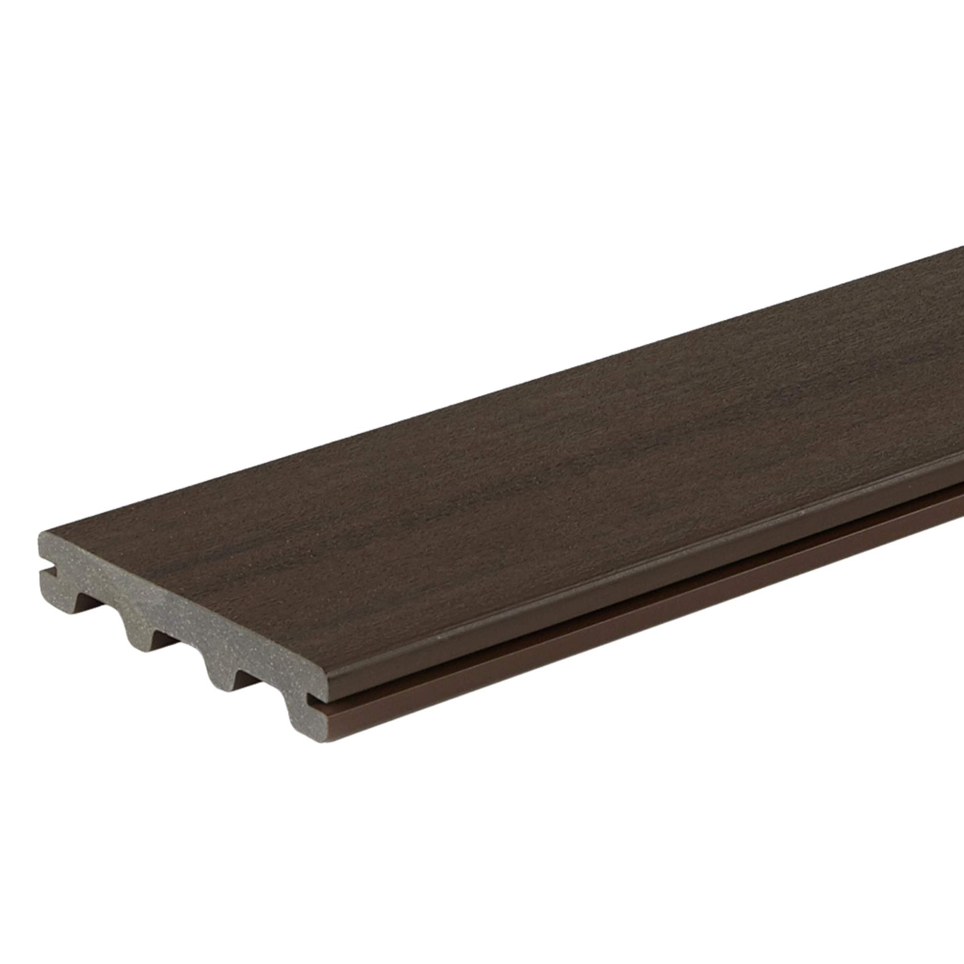 Close-up of a dark brown wooden bookshelf with multiple layers and a gray backing.