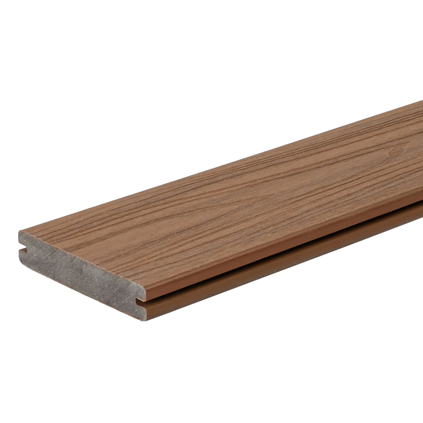 A brown wooden molding piece with a gray back side and a rounded top edge.