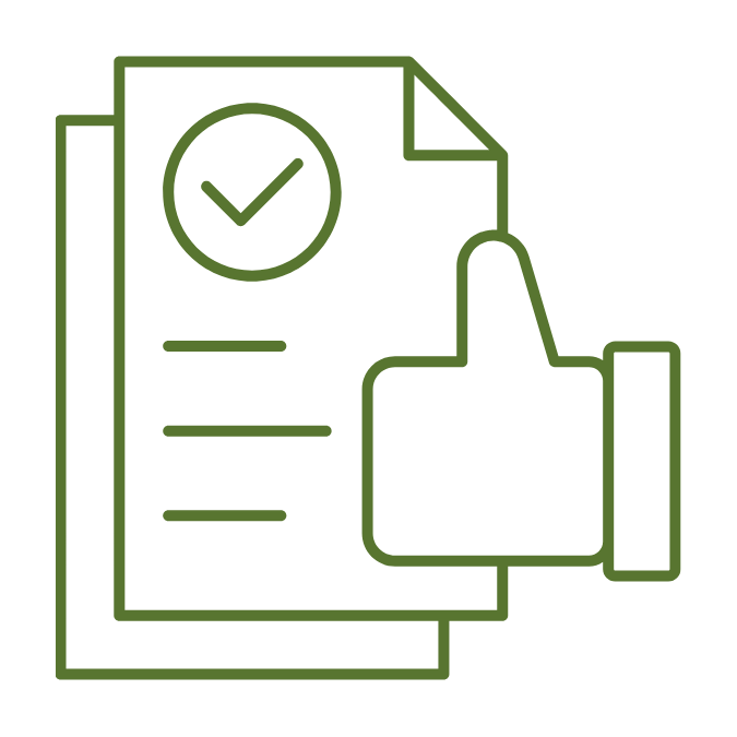 Outline of a document with a checkmark badge, and a hand giving a thumbs up.