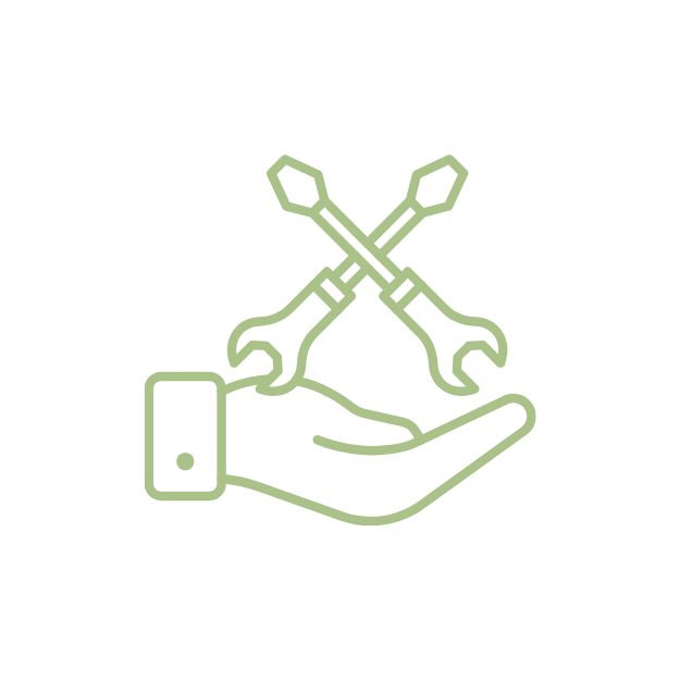 Line drawing of a hand holding a wrench and screwdriver crossing each other, symbolizing tools or repair.