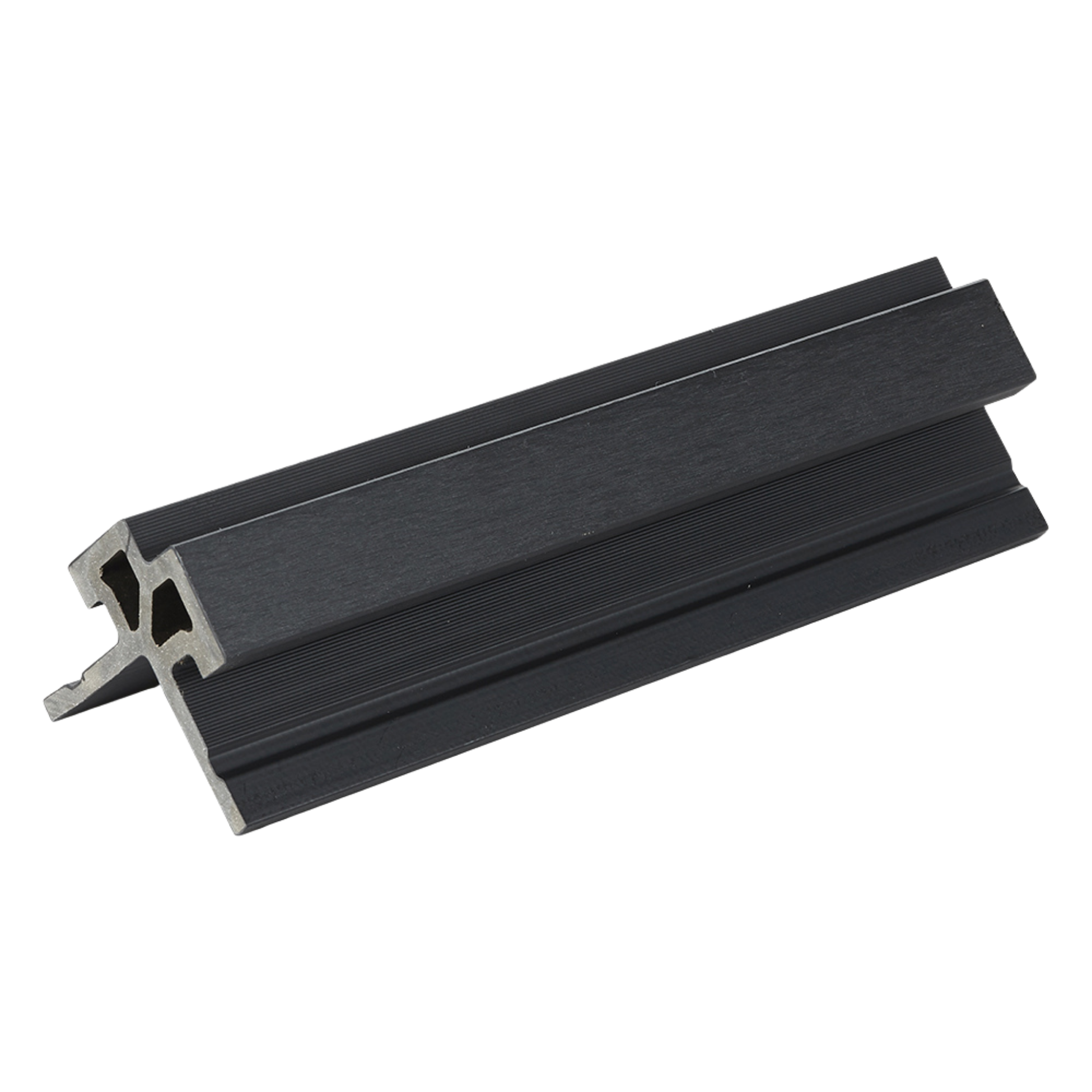 Close-up of a black aluminum extrusion with U-shaped channels and fins.