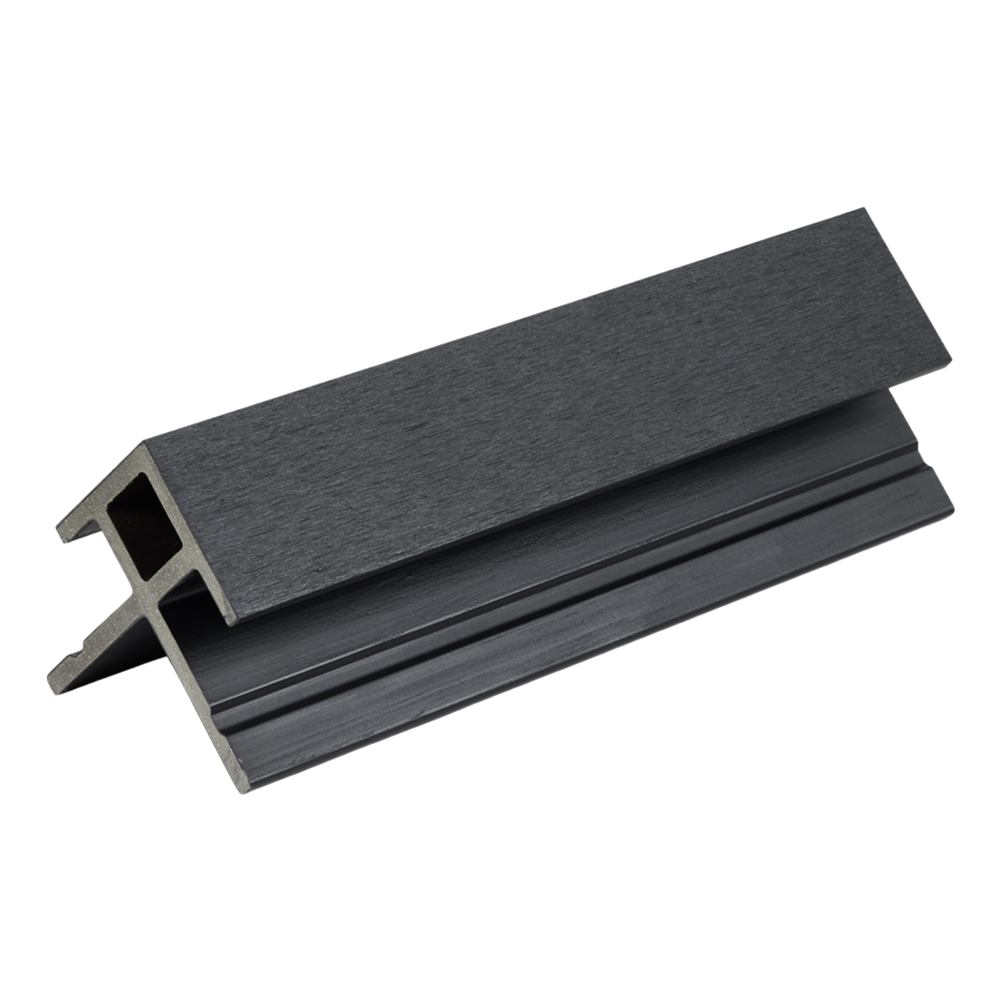 Close-up of a metal metal extrusion profile with a rectangular hollow cross section and a textured dark gray surface, isolated on black background.