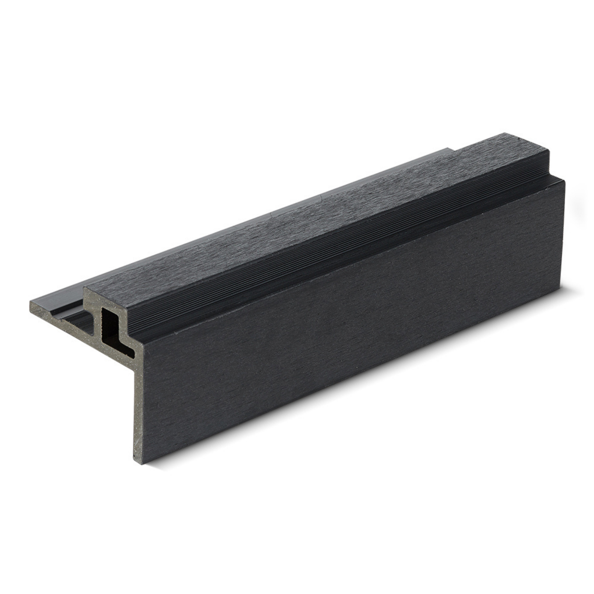 Close-up of a black horizontal metal profile with a U-shaped cross-section and a textured surface.