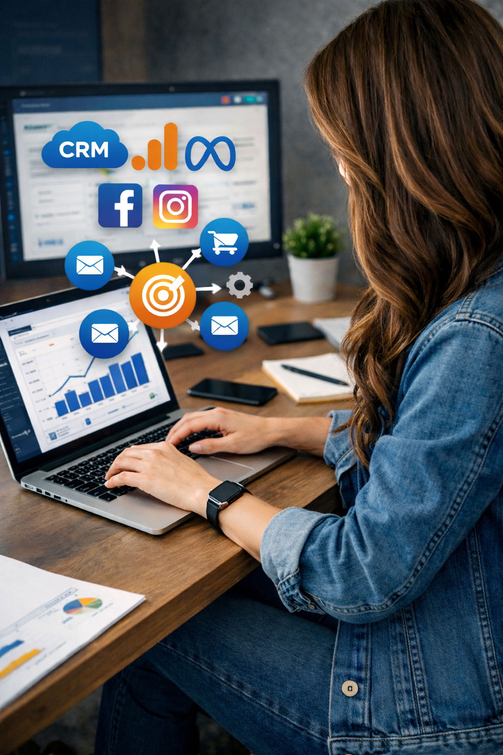 Mujer trabajando en una computadora portátil con gráficos y gráficos en pantalla, rodeada de iconos digitales relacionados con CRM, redes sociales, email y comercio electrónico.