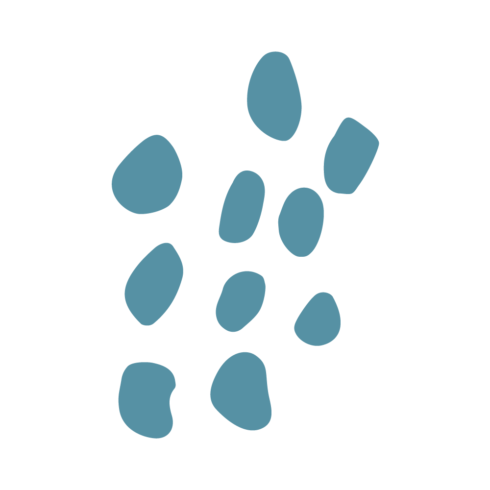Illustration of a dog paw print with black outline and blue pads.