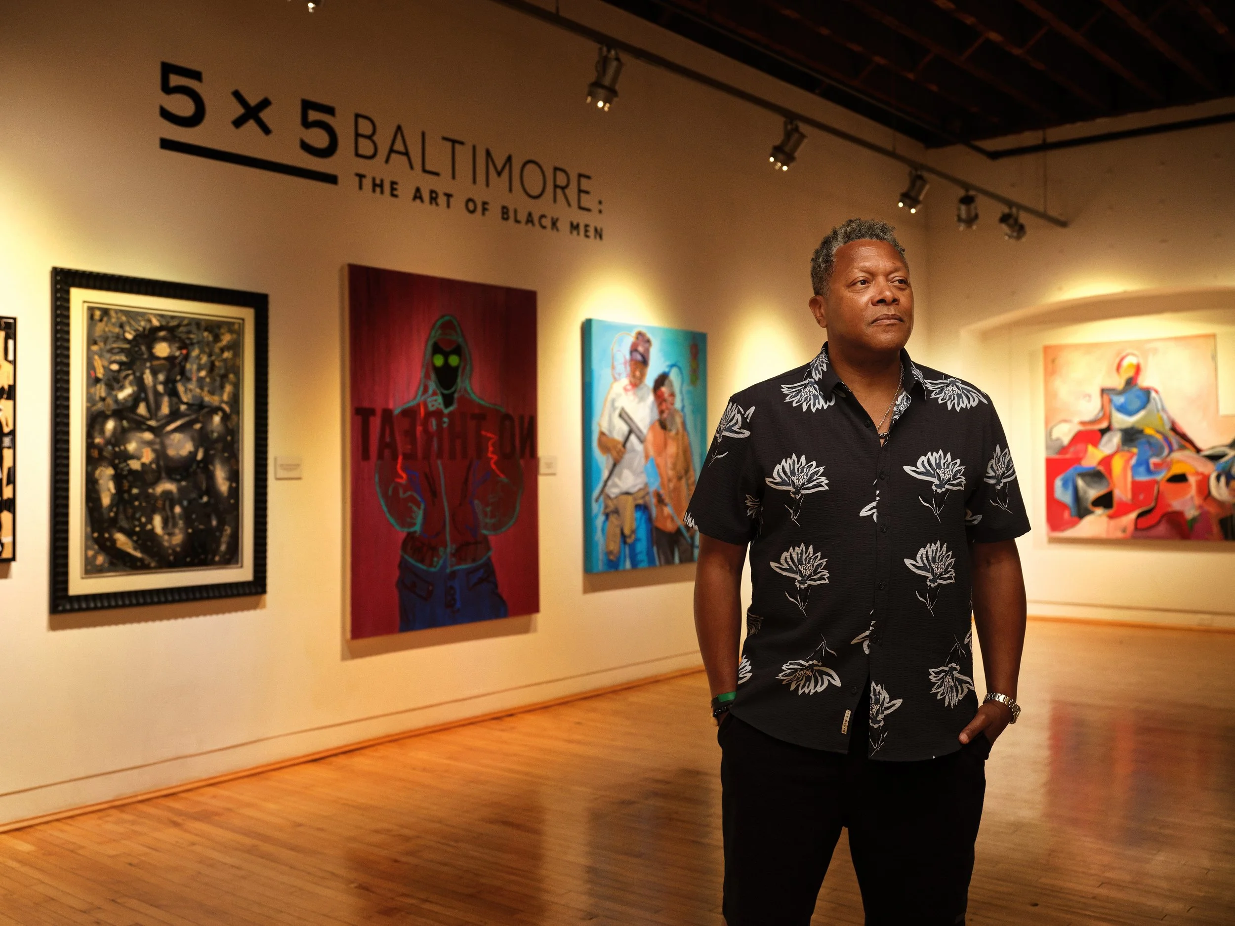 Editorial portrait of Eubie Blake Center board member Derek Price at the 5 x 5 Baltimore: The Art of Black Men exhibition in Baltimore, MD photographed for Downtown Partnerships of Baltimore’s (DPOB) Locally Yours campaign.