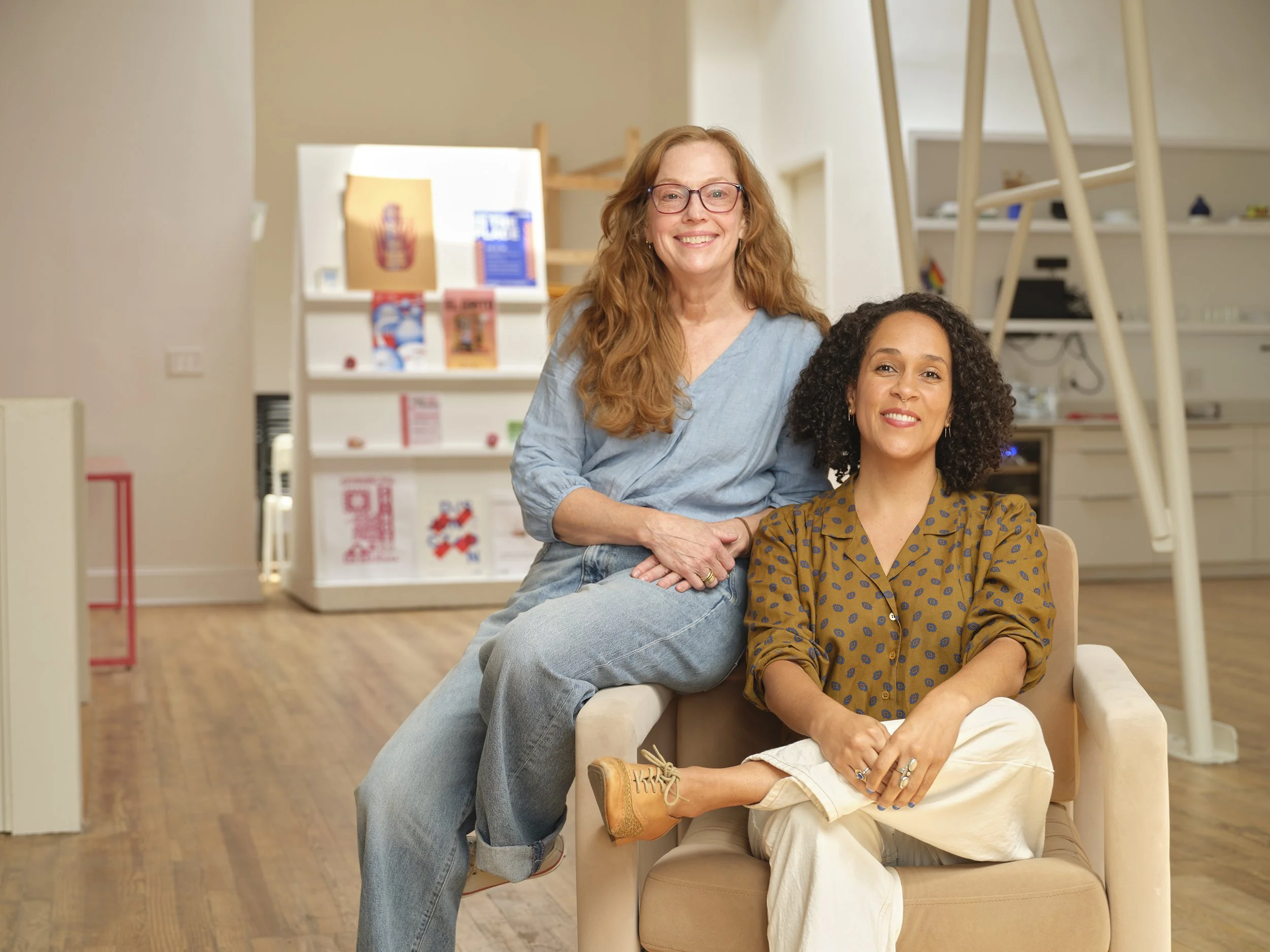 Editorial portrait of Making Space Bmore Board Chair Carolyn Hartmann and Executive Director Katie Petitt in their Baltimore, Maryland studio for Downtown Partnership of Baltimore’s Locally Yours campaign.