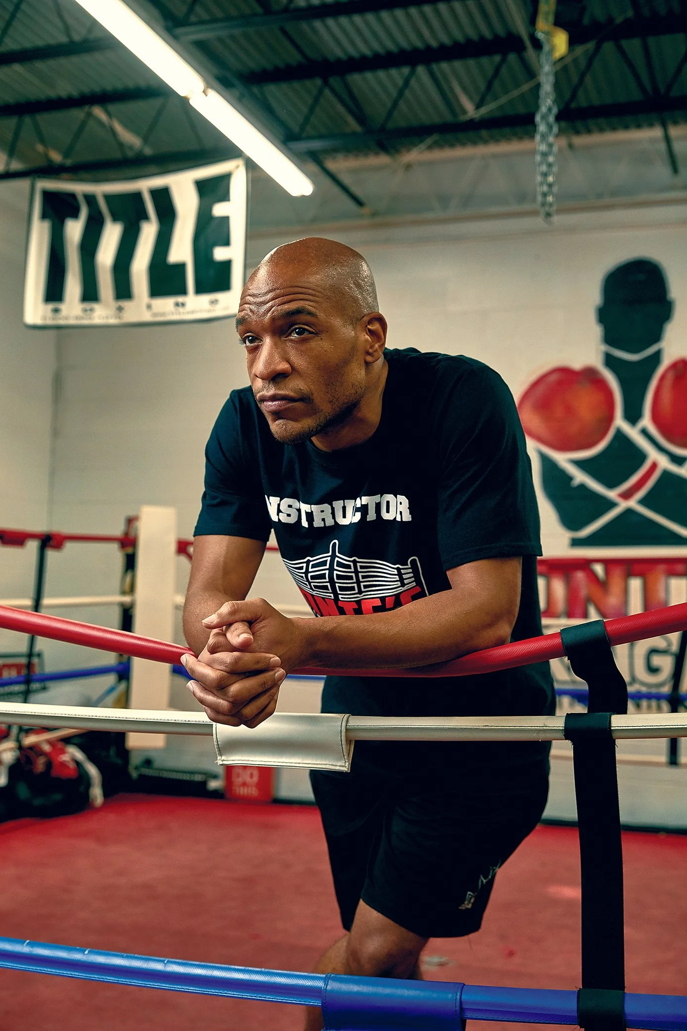 Editorial portrait of Donte Brown at his boxing gym in Bethesda, Maryland, photographed for Bethesda Magazine.
