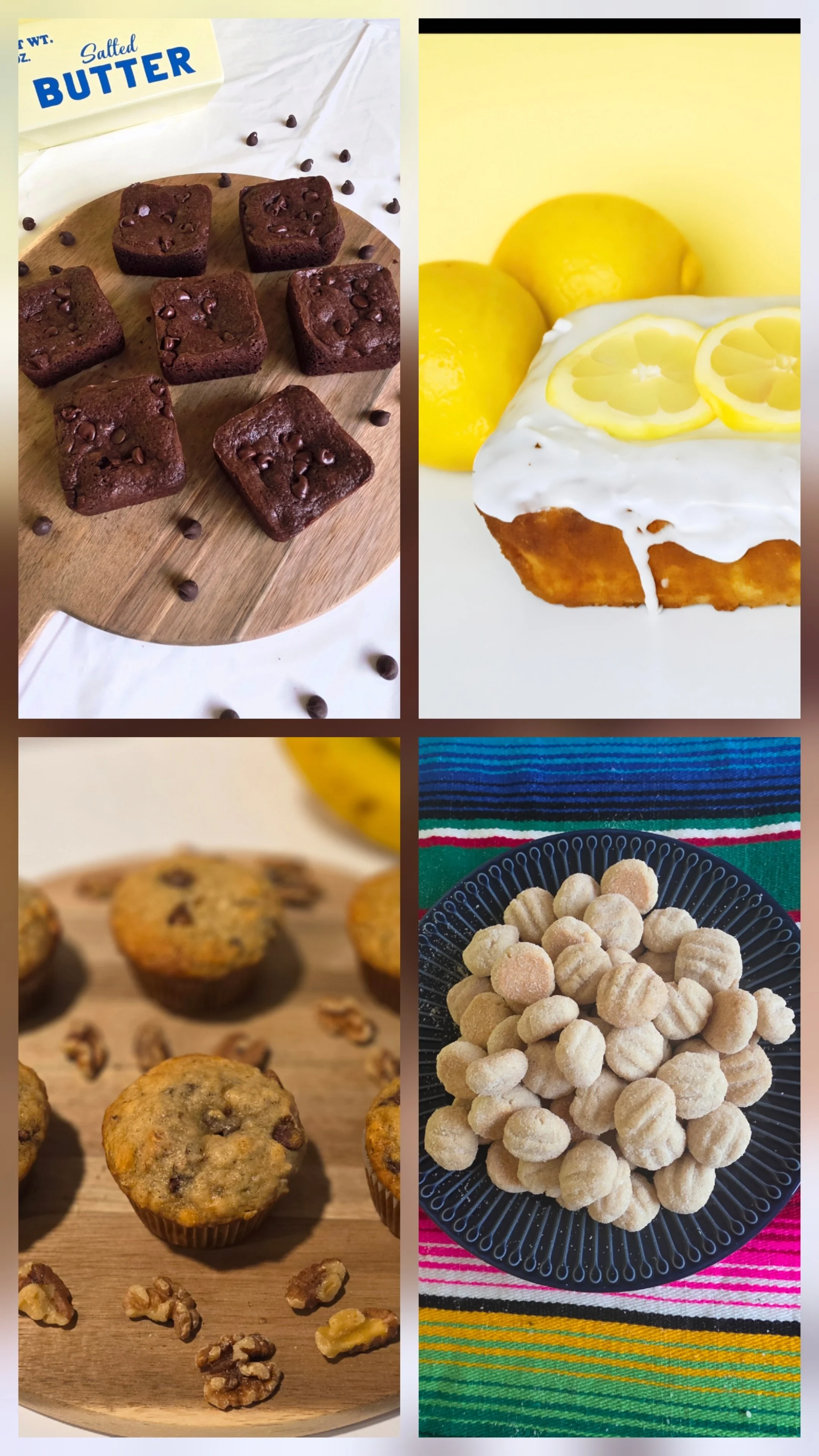 Collage of four different baked goods including brownies with chocolate chips, lemon cake with lemon slices and frosting, chocolate chip muffins, and polvorones de canela on a black plate.