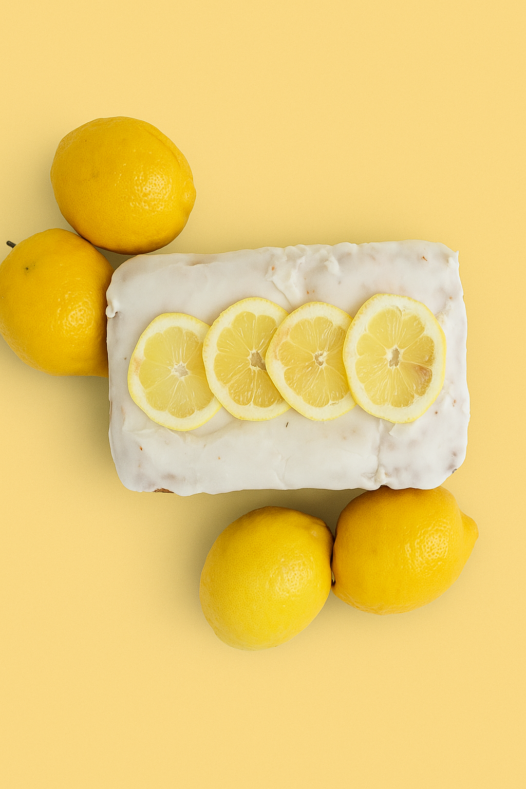 A lemon dessert topped with lemon slices, surrounded by whole lemons on a yellow background.