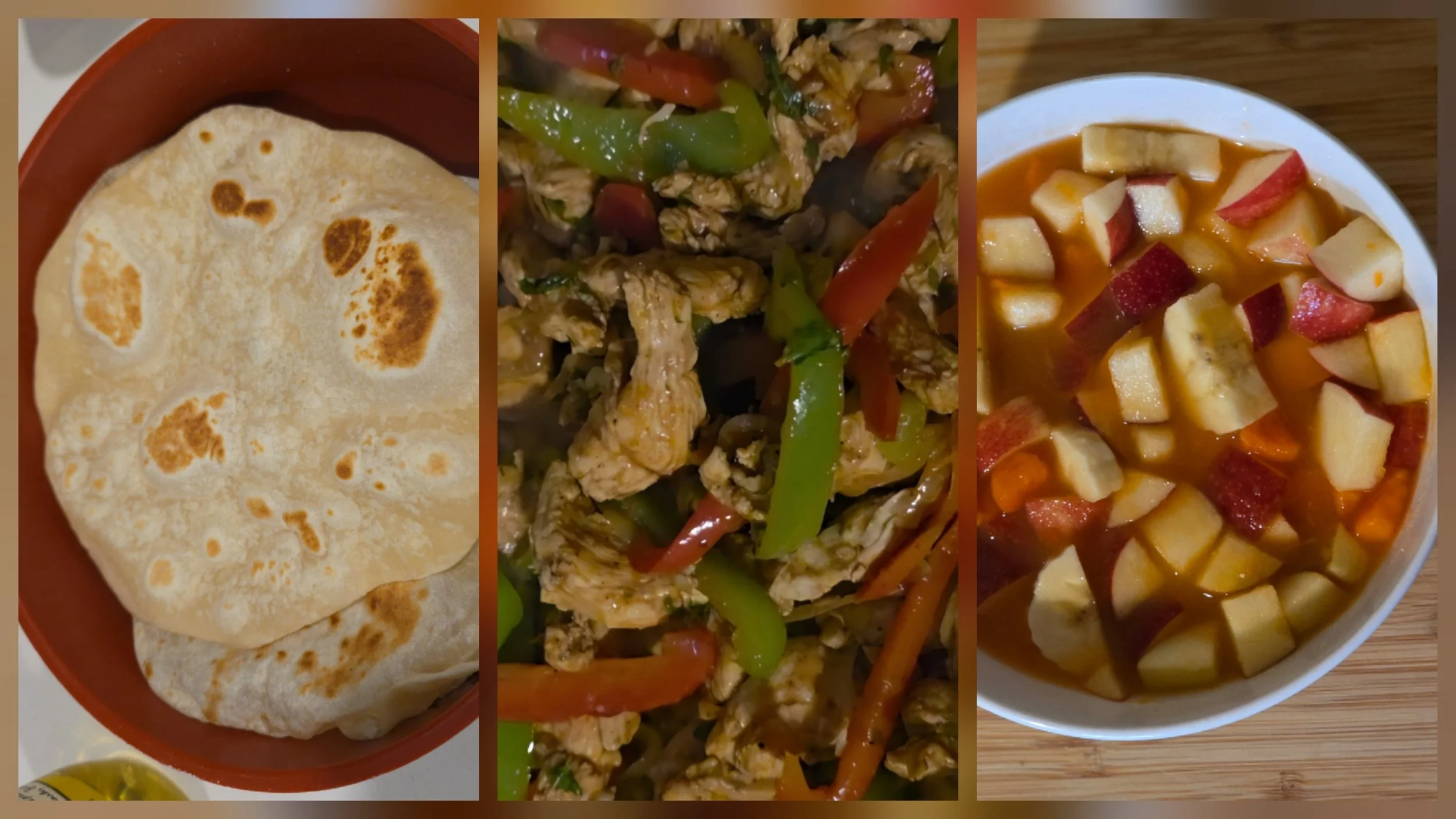 A plate of tortillas, chicken fajitas , and a bowl of fruit salad with apples, papaya, and bananas.