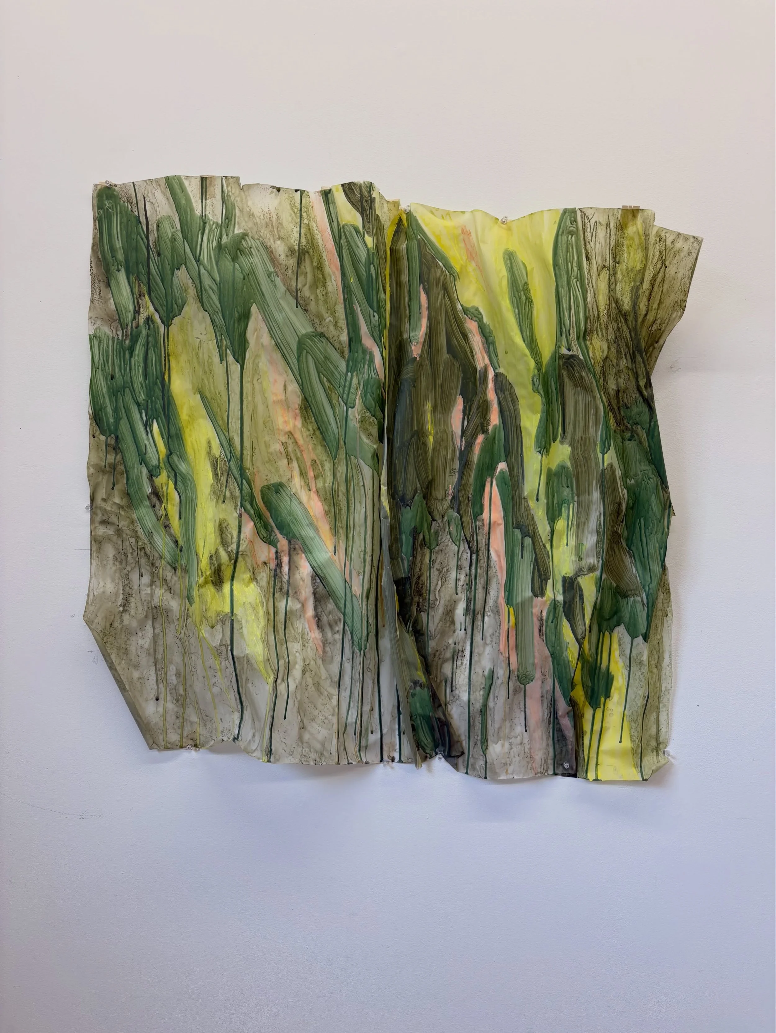 Exploration 1. &nbsp;2026
Watercolour &amp; acrylic paint on tracing paper
90cm x 85cm

Tracing paper carries a history of precision.

In my earlier life as a designer, it was a surface for architectural drawing &mdash; for planning, measuring and re
