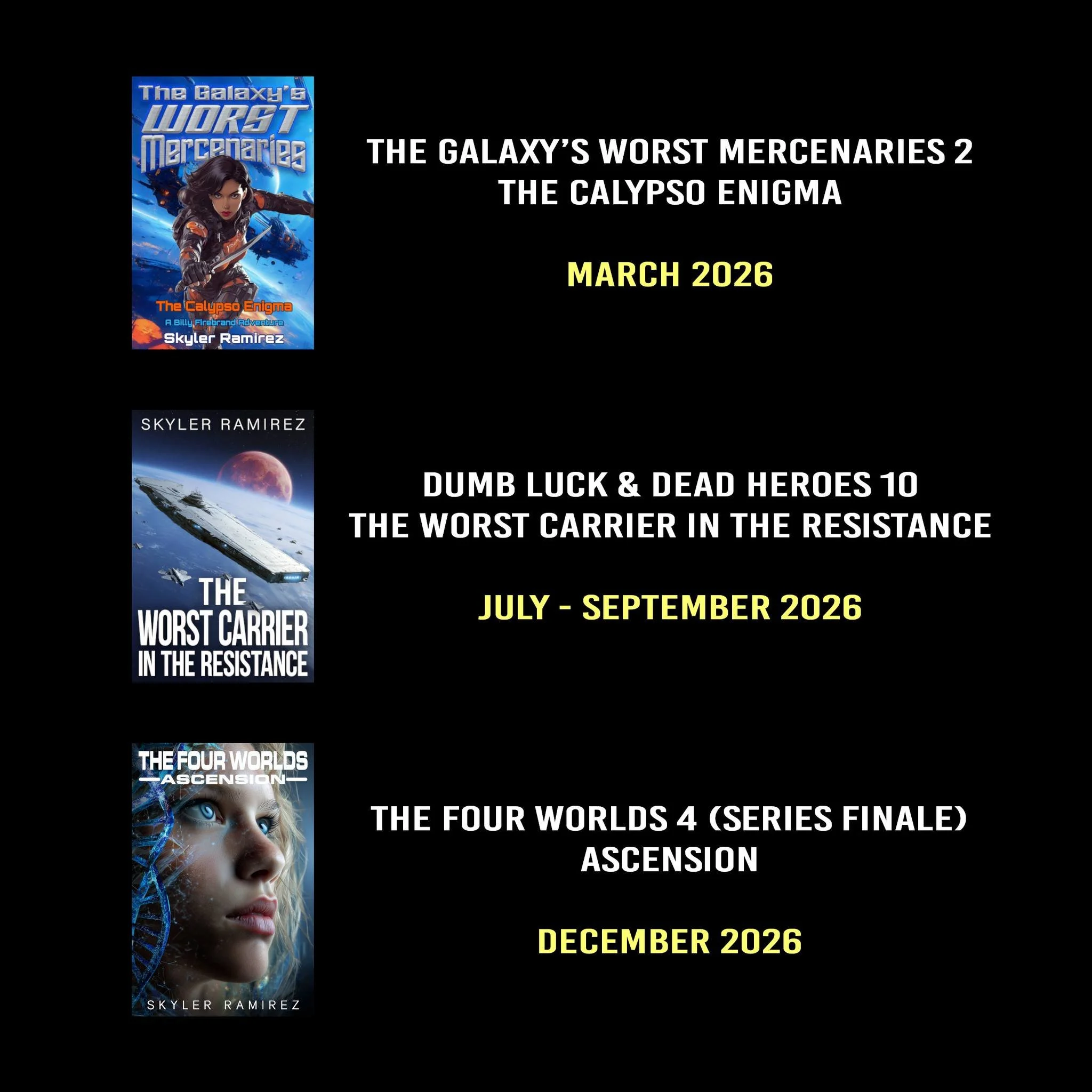 A quick look at my major book release schedule for 2026. There will be a few more smaller stories and standalones scattered in throughout the year, but these are the big titles I know everyone cares about. 😀

I usually try to pull my releases forwar