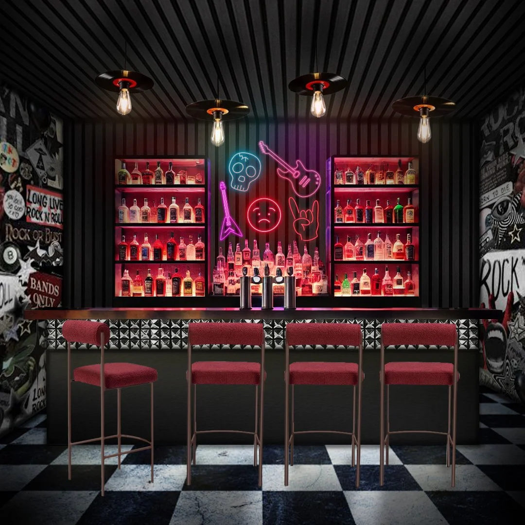 A modern bar with black paneling and red-lit shelves stocked with liquor bottles. Neon signs of a skull, guitar, sword, emoji, and hand gesture decorate the back wall. Four red bar stools are in front of the bar counter, which has a checkered black a