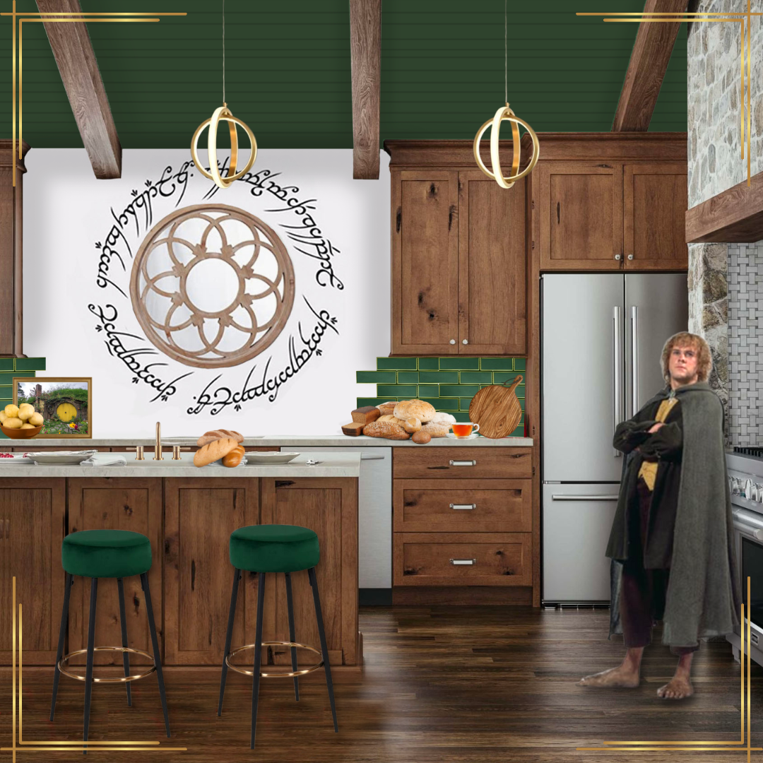 A cozy kitchen with wooden cabinets, green tiled backsplash, and a white wall with black decorative writing. There is a kitchen island with green bar stools, bread on the counter, and a person dressed as a medieval character standing near the fridge.