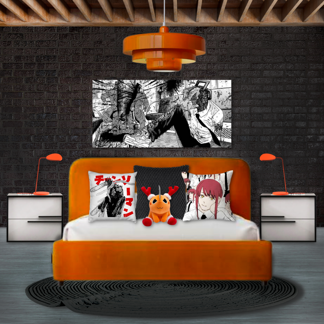 A modern bedroom with a black brick wall, wooden ceiling beams, and an orange bed frame. On the bed are three anime-themed pillows and a plush reindeer toy. Above the bed is a black and white manga art poster. Two white nightstands with orange lamps 