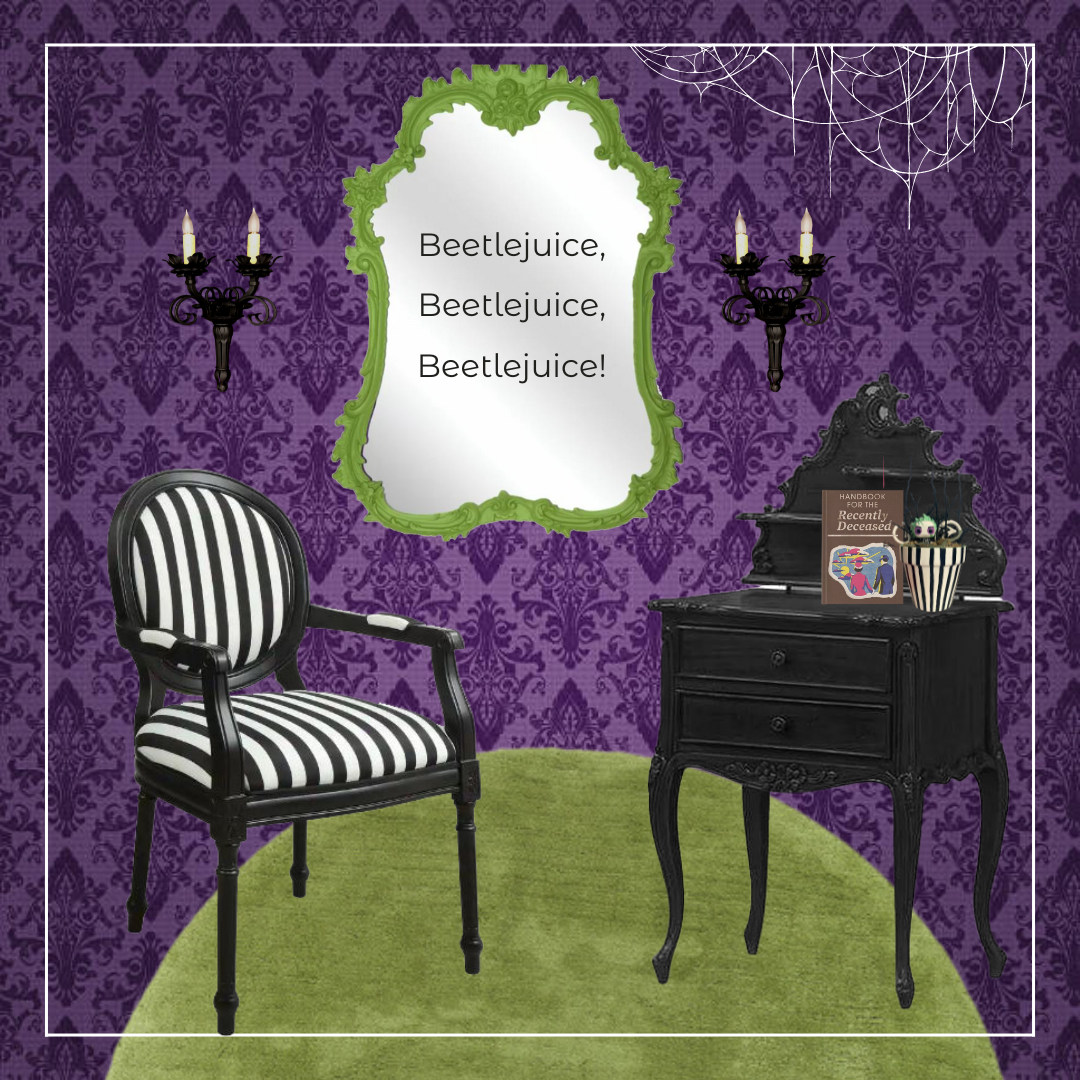 A spooky, vintage-style room with purple damask wallpaper, black lighting fixtures, and a spider web in the upper corner. There is a black and white striped chair, a black side table with a book titled 'Handbook for the Recently Deceased,' a small fi