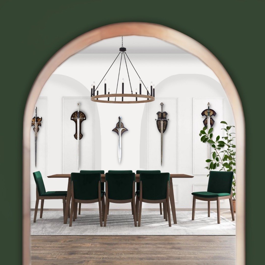 A dining room with a wooden table and six green chairs. The white wall behind features five medieval-style swords and a round chandelier hanging from the ceiling. There is a potted plant on the right.
